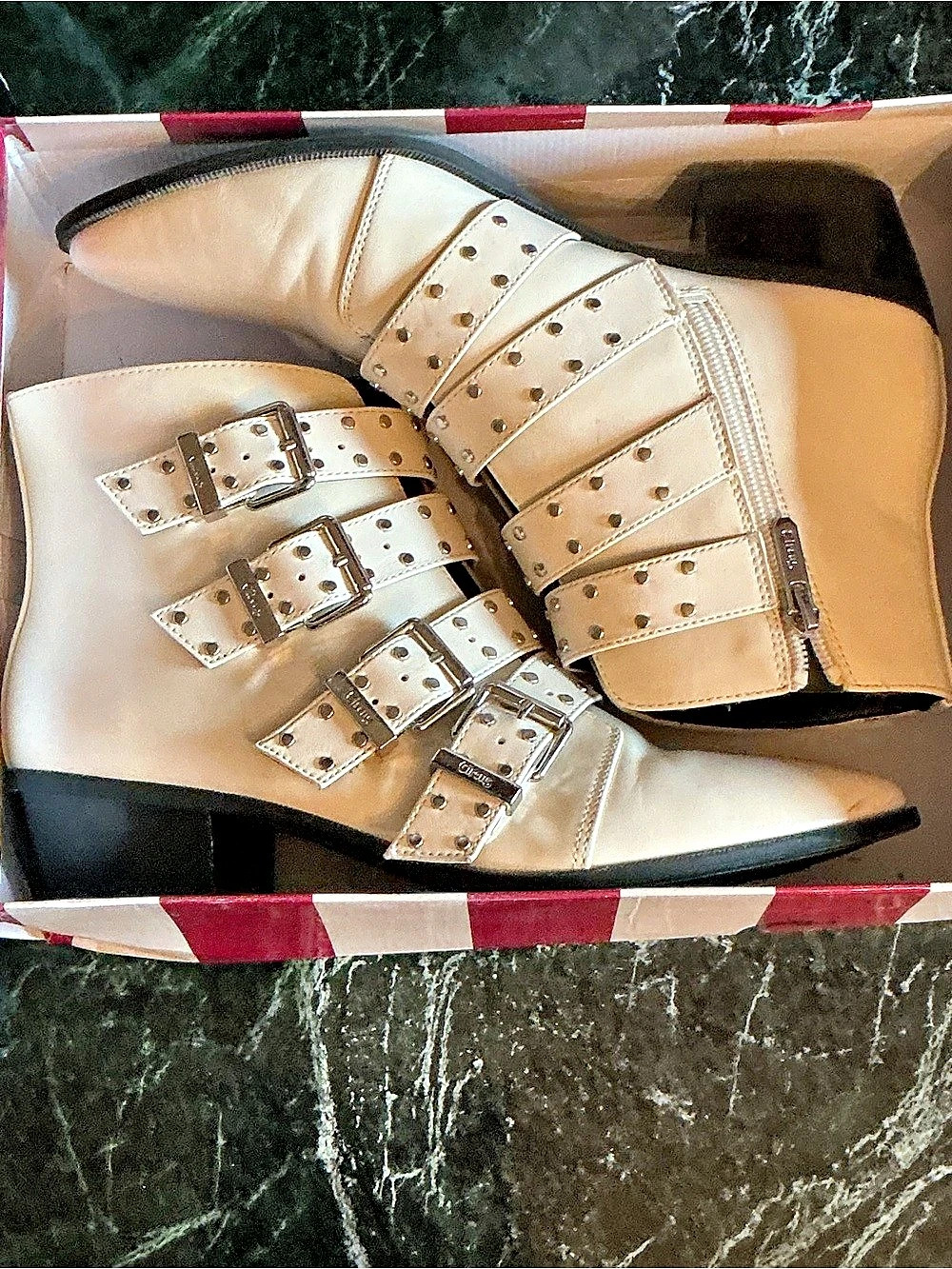 Circus by Sam Edelman Hutton Studded Buckle Ankle Boots in White US 7.5 Like New